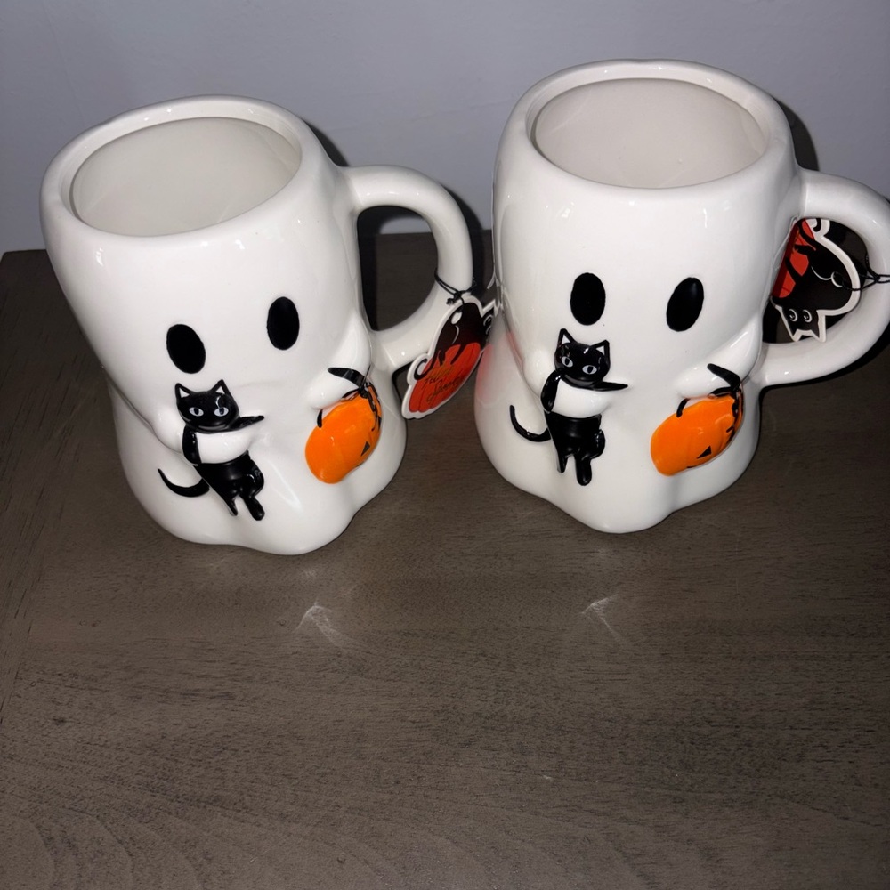 Halloween Ghost with Black Cat & Pumpkin 🐈‍⬛👻🎃 Ceramic Coffee Mug NWT Set of 2